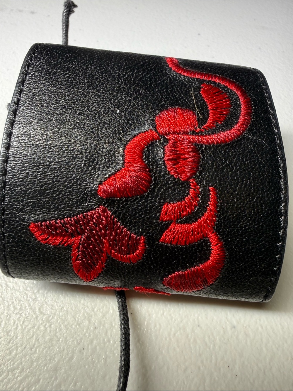 Vintage Armani Exchange Black Leather Bracelet with Red Embroidery - Picture 4 of 5
